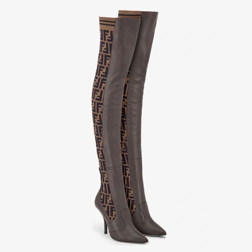 Fendi Rockoko Over the Knee Boots w FF Pattern leather sole ebano tabacco nero